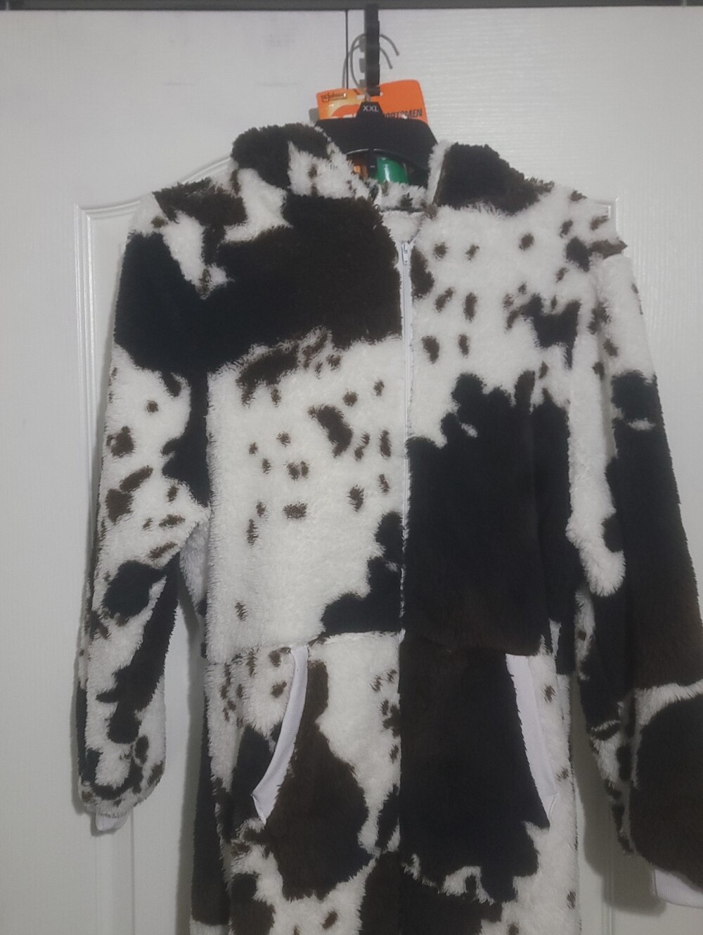 Cow Print Fuzzy Hooded Onesie Pajama Jumpsuit Adult Small